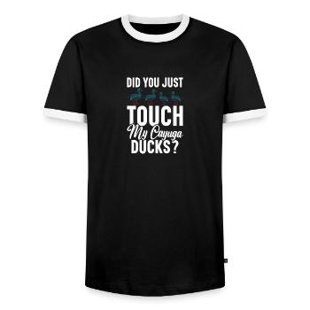 Cayuga Duck Owner Food Enclosure Stuffed Animal - Men's Ringer Shirt - black/white - Front - AI Model Female 172 light (172cm) & AI Model Male 178 light (178cm)