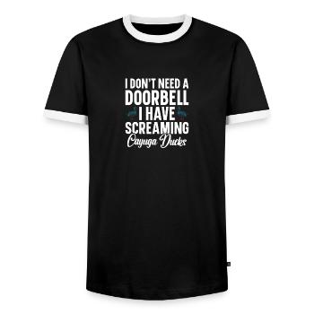 Cayuga Duck Owner Enclos Nourriture pour animaux en peluche - T-shirt contrasté Homme - noir/blanc - Devant - AI Model Female 172 light (172cm) & AI Model Male 178 light (178cm)