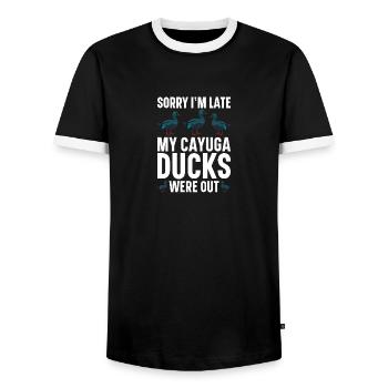 Cayuga Duck Owner Stuffed Animal Enclosure Toys - Männer Kontrast-T-Shirt - Schwarz/Weiß - Vorne - AI Model Female 172 light (172cm) & AI Model Male 178 light (178cm)