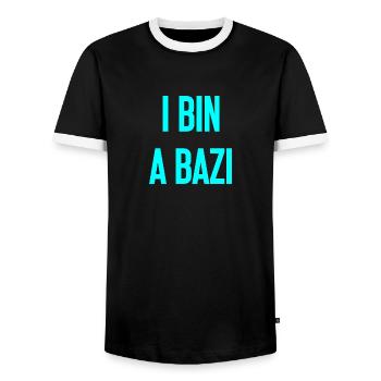 I am a Bazi – Bavarian saying with humor - Men's Ringer Shirt - black/white - Front - AI Model Female 172 light (172cm) & AI Model Male 178 light (178cm)