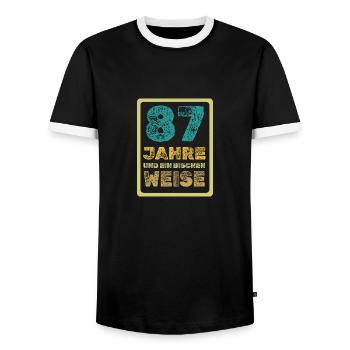 Proverb 87 - Men's Ringer Shirt - black/white - Front - AI Model Female 172 light (172cm) & AI Model Male 178 light (178cm)