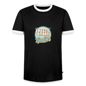 Sweet Sassy et 12 célébrant de fête du 12e anniversaire - T-shirt contrasté Homme - noir/blanc - Devant - AI Model Female 172 light (172cm) & AI Model Male 178 light (178cm)