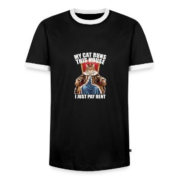 Mon chat dirige cette maison, je ne paie que le loyer Amoureux des chats - T-shirt contrasté Homme - noir/blanc - Devant - AI Model Female 172 light (172cm) & AI Model Male 178 light (178cm)
