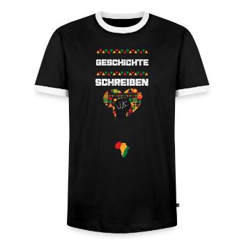 Geschichte schreiben - Männer Kontrast-T-Shirt - Schwarz/Weiß - Vorne - AI Model Female 172 light (172cm) & AI Model Male 178 light (178cm)