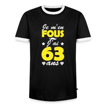 je m en fous j ai 63 ans / cadeau anniversaire 63 - T-shirt contrasté Homme - noir/blanc - Devant - AI Model Female 172 light (172cm) & AI Model Male 178 light (178cm)