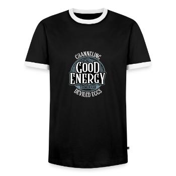 Channeling Good Energy Through Deviled Eggs Style - Men's Ringer Shirt - black/white - Front - AI Model Female 172 light (172cm) & AI Model Male 178 light (178cm)