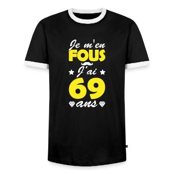 je m en fous j ai 69 ans / anniversaire 69 ans - T-shirt contrasté Homme - noir/blanc - Devant - AI Model Female 172 light (172cm) & AI Model Male 178 light (178cm)