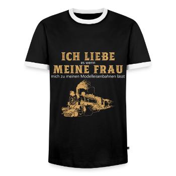Ich liebe Meine Frau Modelleisenbahn - Männer Kontrast-T-Shirt - Schwarz/Weiß - Vorne - AI Model Female 172 light (172cm) & AI Model Male 178 light (178cm)