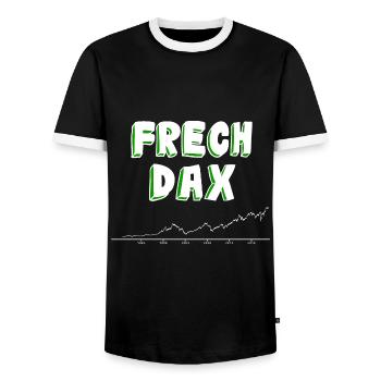 frechdax DAX frech Aktien ETF Börse trader - Männer Kontrast-T-Shirt - Schwarz/Weiß - Vorne - AI Model Female 172 light (172cm) & AI Model Male 178 light (178cm)