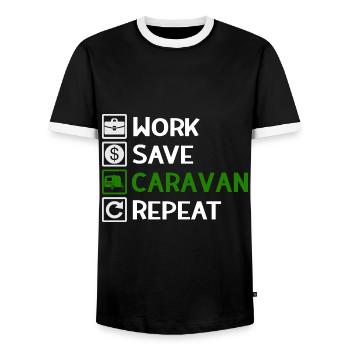 Work, Save, Caravan, Repeat - Camping Spruch - Men's Ringer Shirt - black/white - Front - AI Model Female 172 light (172cm) & AI Model Male 178 light (178cm)