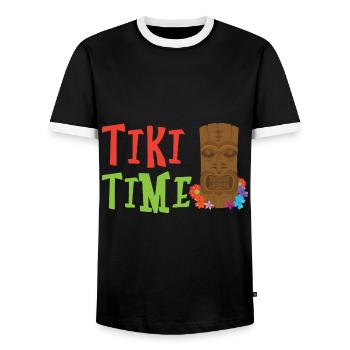 Tiki Time Tropical Drink Luau Party Tiki Bar - Men's Ringer Shirt - black/white - Front - AI Model Female 172 light (172cm) & AI Model Male 178 light (178cm)