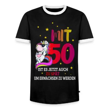 Zum 50. Geburtstag ein cooles Einhorn - Männer Kontrast-T-Shirt - Schwarz/Weiß - Vorne - AI Model Female 172 light (172cm) & AI Model Male 178 light (178cm)