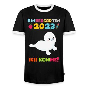 Kindergarten 2023 Ich Komme Jungen Kita Geschenk - Männer Kontrast-T-Shirt - Schwarz/Weiß - Vorne - AI Model Female 172 light (172cm) & AI Model Male 178 light (178cm)