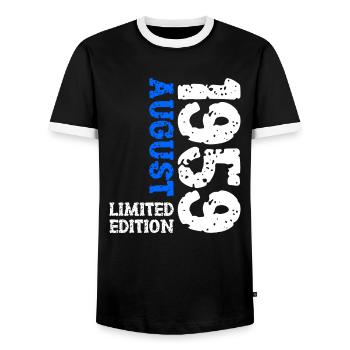 1959 August Limited Edition 64th Birthday Outfit - Men's Ringer Shirt - black/white - Front - AI Model Female 172 light (172cm) & AI Model Male 178 light (178cm)