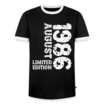 1986 August Limited Edition 37th Birthday Outfit - Men's Ringer Shirt - black/white - Front - AI Model Female 172 light (172cm) & AI Model Male 178 light (178cm)