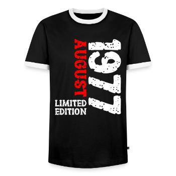 1977 August Limited Edition 46. Geburtstag Outfit - Männer Kontrast-T-Shirt - Schwarz/Weiß - Vorne - AI Model Female 172 light (172cm) & AI Model Male 178 light (178cm)