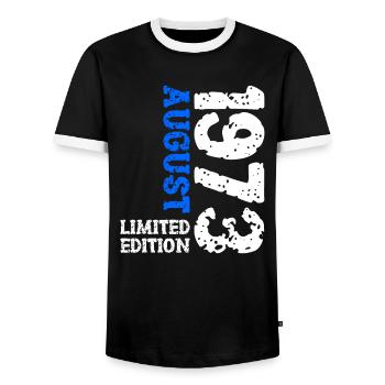 1973 August Limited Edition 50. Geburtstag Outfit - Männer Kontrast-T-Shirt - Schwarz/Weiß - Vorne - AI Model Female 172 light (172cm) & AI Model Male 178 light (178cm)