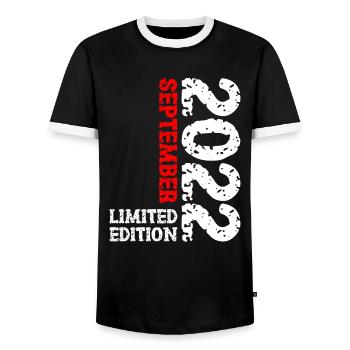 2022 September Limited Edition 1st Birthday Decoration - Men's Ringer Shirt - black/white - Front - AI Model Female 172 light (172cm) & AI Model Male 178 light (178cm)