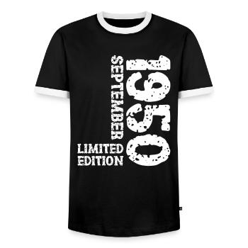 1950 September Limited Edition 73rd Birthday Decoration - Men's Ringer Shirt - black/white - Front - AI Model Female 172 light (172cm) & AI Model Male 178 light (178cm)