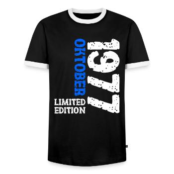1977 Oktober Limited Edition 46. Geburtstag Deko - Männer Kontrast-T-Shirt - Schwarz/Weiß - Vorne - AI Model Female 172 light (172cm) & AI Model Male 178 light (178cm)