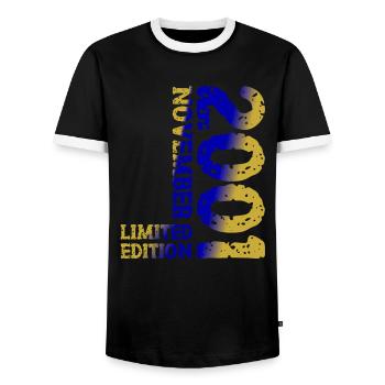 2001 November Limited Edition 22nd Birthday Decoration - Men's Ringer Shirt - black/white - Front - AI Model Female 172 light (172cm) & AI Model Male 178 light (178cm)