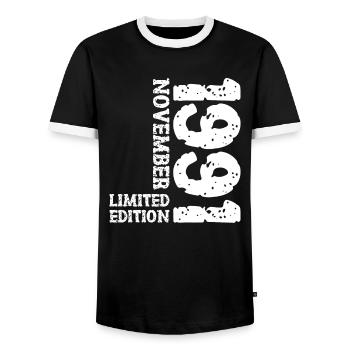 1991 November Limited Edition 32nd Birthday Decoration - Men's Ringer Shirt - black/white - Front - AI Model Female 172 light (172cm) & AI Model Male 178 light (178cm)