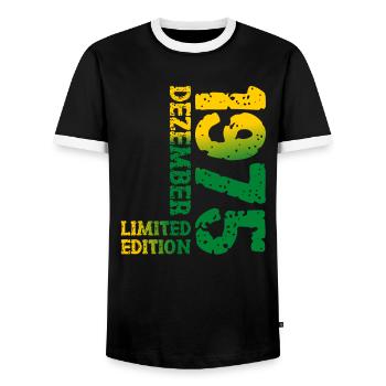 1975 December Limited Edition 48th Birthday Decoration - Men's Ringer Shirt - black/white - Front - AI Model Female 172 light (172cm) & AI Model Male 178 light (178cm)