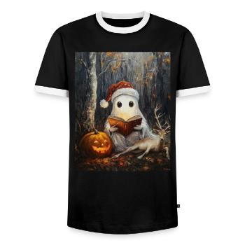 Halloween Gift Ghost with Christmas Hat Decoration - Men's Ringer Shirt - black/white - Front - AI Model Female 172 light (172cm) & AI Model Male 178 light (178cm)