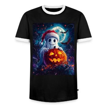 Halloween Gift Ghost with Christmas Hat Decoration - Men's Ringer Shirt - black/white - Front - AI Model Female 172 light (172cm) & AI Model Male 178 light (178cm)