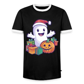 Halloween Gift Ghost with Christmas Hat Decoration - Men's Ringer Shirt - black/white - Front - AI Model Female 172 light (172cm) & AI Model Male 178 light (178cm)