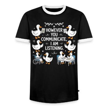 Egal, wie deine Stimme klingt, ich bleibe dran. - Männer Kontrast-T-Shirt - Schwarz/Weiß - Vorne - AI Model Female 172 light (172cm) & AI Model Male 178 light (178cm)