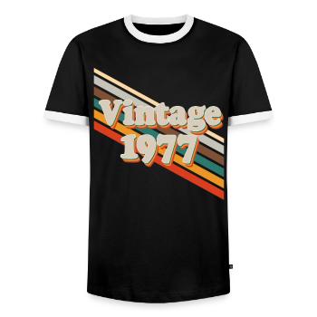 Retro Vintage 1977 - Men's Ringer Shirt - black/white - Front - AI Model Female 172 light (172cm) & AI Model Male 178 light (178cm)