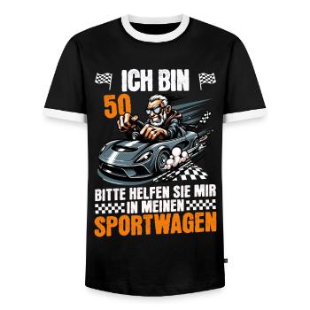 ICH BIN 50 BITTE HELFEN SIE MIR IN MEIN SPORTWAGEN - Männer Kontrast-T-Shirt - Schwarz/Weiß - Vorne - AI Model Female 172 light (172cm) & AI Model Male 178 light (178cm)