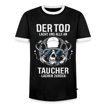 TAUCHER LACHEN ZURÜCK - DER TOD LACHT UNS ALLE AN - Männer Kontrast-T-Shirt - Schwarz/Weiß - Vorne - AI Model Female 172 light (172cm) & AI Model Male 178 light (178cm)