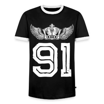91 Number crown - Men's Ringer Shirt - black/white - Front - AI Model Female 172 light (172cm) & AI Model Male 178 light (178cm)