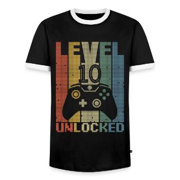 Level 10 Unlocked Gamer 10 years of gamers - Men's Ringer Shirt - black/white - Front - AI Model Female 172 light (172cm) & AI Model Male 178 light (178cm)