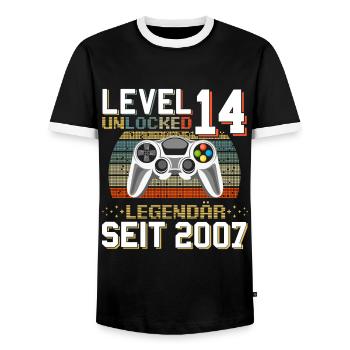 14th Birthday Gamer Level 14 Unlocked - Men's Ringer Shirt - black/white - Front - AI Model Female 172 light (172cm) & AI Model Male 178 light (178cm)