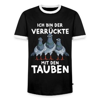 Tauben Lustiger Spruch Ich bin der Verrückte - Männer Kontrast-T-Shirt - Schwarz/Weiß - Vorne - AI Model Female 172 light (172cm) & AI Model Male 178 light (178cm)