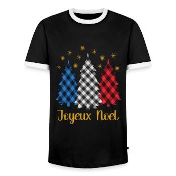 Joyeux Noël Christmas Trees With French Colors - Men's Ringer Shirt - black/white - Front - AI Model Female 172 light (172cm) & AI Model Male 178 light (178cm)