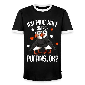 Puffin Ich mag halt Puffins Papageitaucher Mädchen - Männer Kontrast-T-Shirt - Schwarz/Weiß - Vorne - AI Model Female 172 light (172cm) & AI Model Male 178 light (178cm)