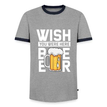 „WISH YOU WERE HERE BEER“ Design - Männer Kontrast-T-Shirt - Grau/Navy  - Vorne - AI Model Female 172 light (172cm) & AI Model Male 178 light (178cm)