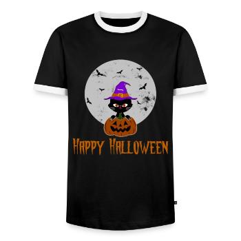 Happy Halloween Katze Kürbis Hexenhut - Männer Kontrast-T-Shirt - Schwarz/Weiß - Vorne - AI Model Female 172 light (172cm) & AI Model Male 178 light (178cm)