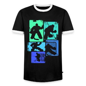 Eishockey Torwart Jungen Kinder Männer - Men's Ringer Shirt - black/white - Front - AI Model Female 172 light (172cm) & AI Model Male 178 light (178cm)