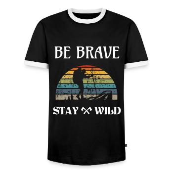 Hiking Vintage Spruch BE BRAVE STAY WILD T-Shirt - Männer Kontrast-T-Shirt - Schwarz/Weiß - Vorne - AI Model Female 172 light (172cm) & AI Model Male 178 light (178cm)
