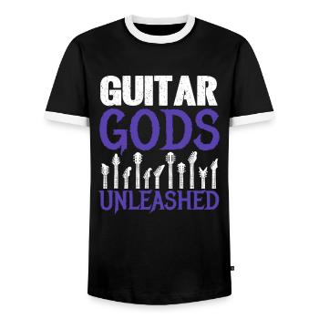 Guitar Gods Unleashed - Guitar Design - Men's Ringer Shirt - black/white - Front - AI Model Female 172 light (172cm) & AI Model Male 178 light (178cm)