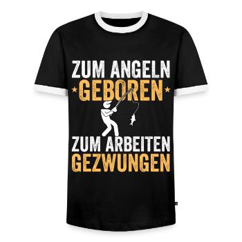 Born to fish, forced to work - Men's Ringer Shirt - black/white - Front - AI Model Female 172 light (172cm) & AI Model Male 178 light (178cm)