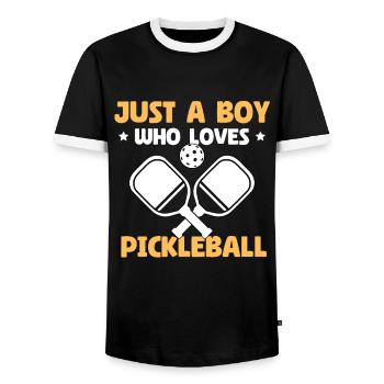 Just A Boy Who Loves Pickleball - Men's Ringer Shirt - black/white - Front - AI Model Female 172 light (172cm) & AI Model Male 178 light (178cm)