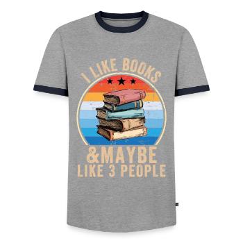 J’aime les livres et peut-être 3 personnes - T-shirt contrasté Homme - gris/marine  - Devant - AI Model Female 172 light (172cm) & AI Model Male 178 light (178cm)