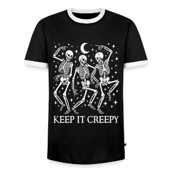 Keep It Creepy Funny Dancing Skeletons Halloween - Men's Ringer Shirt - black/white - Front - AI Model Female 172 light (172cm) & AI Model Male 178 light (178cm)