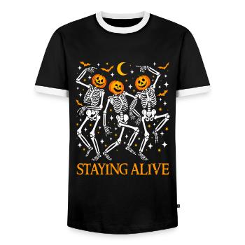 Staying Alive Funny Halloween Dancing Skeletons - Men's Ringer Shirt - black/white - Front - AI Model Female 172 light (172cm) & AI Model Male 178 light (178cm)